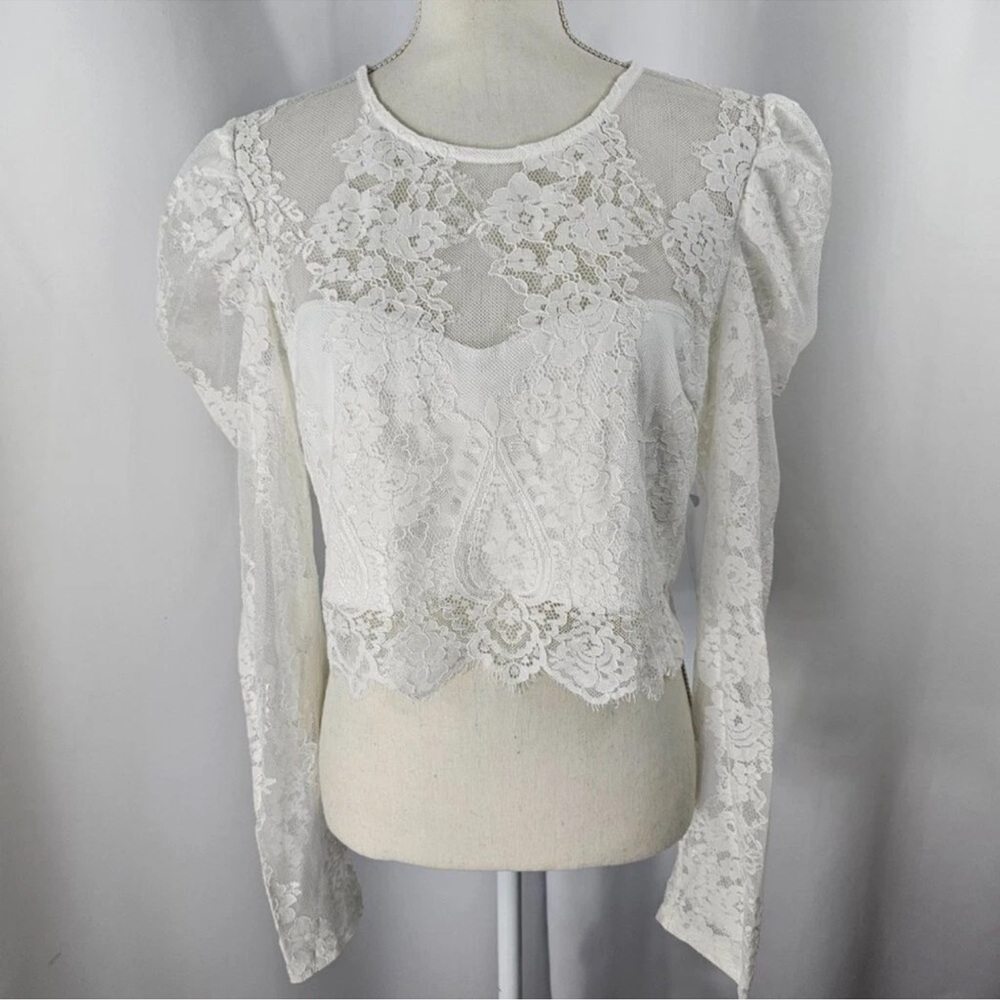 Lulus Women's Ivory Lace Long Puff Sleeve Cropped Blouse Size Medium - Picture 9 of 14